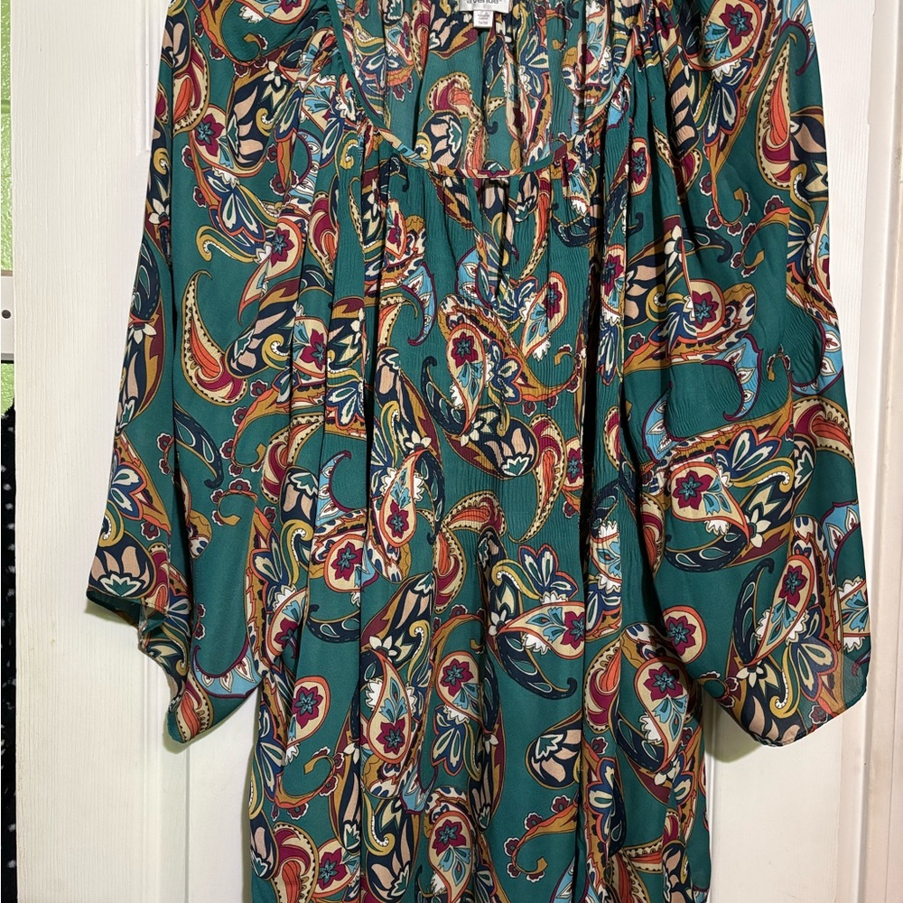 Avenue Green Paisley Print Blouse with 3/4 Sleeves and Pleated Details